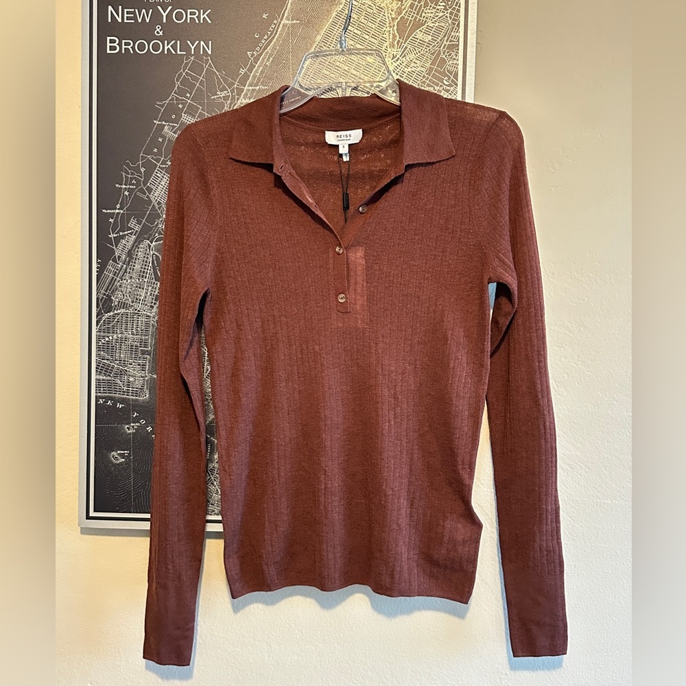 REISS Rust Kim Button Neck Cashmere Blend Knitted Top (Small)
